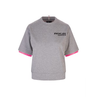 MONCLER GRENOBLE T-Shirt Grigia e Rosa Fluo Con Logo Adesivo