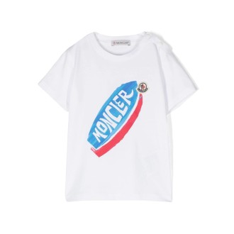 MONCLER ENFANT T-Shirt Bianca Con Stampa e Patch Logo