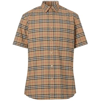 Burberry `Simpson` Short-Sleeve `Small Scale Check` Stretch Cotton Shi