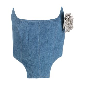 Giuseppe di Morabito Denim Bustier Top With 3D Flower Detail