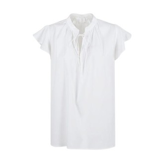 Camicia di Eleventy, da donna, colore bianco. Colletto aalla coreano con fiocco e maniche corte con rouge. Tinta unita. Vestibilità regolare. 