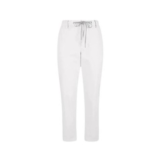 Pantalone di Eleventy di colore bianco con coulisse in vita realizzato in un tessuto in raso di cotone eleasticizzato e tinto in capo.  