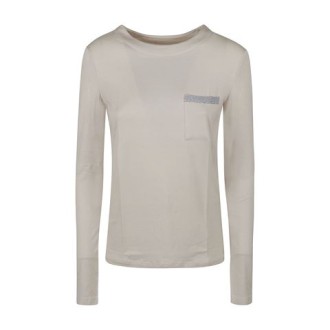 T-shirt girocollo di Eleventy colore beige  manica lunga con taschino in tencel elasticizzata con inserto piping in lurex .  