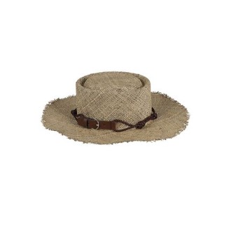 Cappello di Elevebty, da donna, colore sabbia. Modello realzzato con fibre vegetali. Sfrangiato con cinturino. 