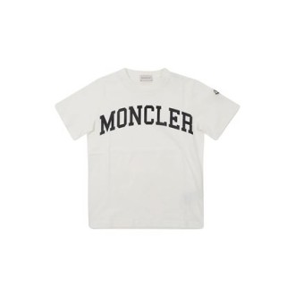 T-shirt di Moncler Kids, colore bianco. Modello girocollo e maniche corte. Scritta logo a contrasto. 