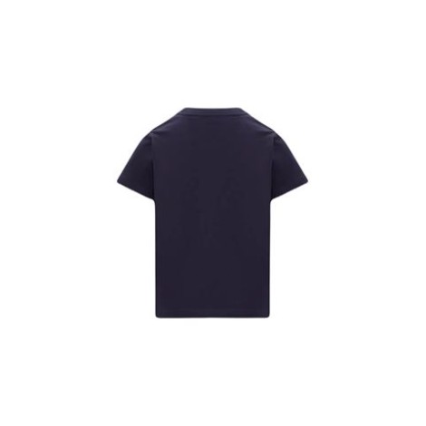 T-shirt girocollo di Moncler realizzata in jersey di colore blu maniche corte con grande stampa logata sul davanti. 