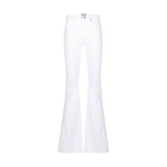 Jeans FLORA, di Pinko, da donna, colore bianco. Modello flared, realizzato in denim di cotone stretch. Caratterizzato da vita alta con dettaglio cintura Love Birs, cinque tasche e chiusura con bottone e zip. Vestibilità regolare. 
