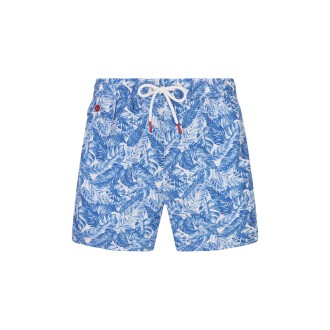 Shorts Da Mare Bianchi Con Stampa Foliage Azzurra