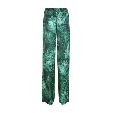 Pantalone di Ermanno Firenze, da donna, colore verde. Modello vita alta con coulisse regolabile. Morbido con stampa foglie all-over. 
