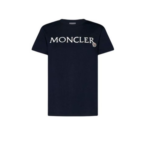 T-shirt di Moncler, da donna, colore blu. Realizzata in cotone, modello girocollo e maniche corte. Logo frontale. 