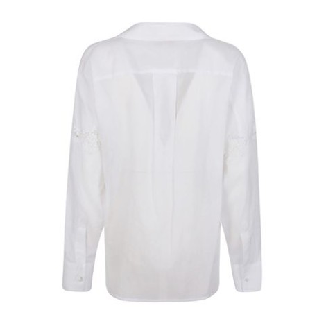 Camicia di Ermanno Firenze, da donna, colore bianco. Modello incrocio con pizzo. Colletto, maniche lunghe e scollo a V. 