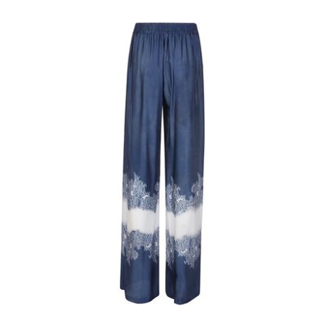 Pantalone di Ermanno Firenze, da donna, colore blu. Modello vita alta con coulisse regolabile. Modello morbido con fondo stampa. 