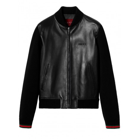 Gucci Leather Bomber Jacket With Knit Parts
