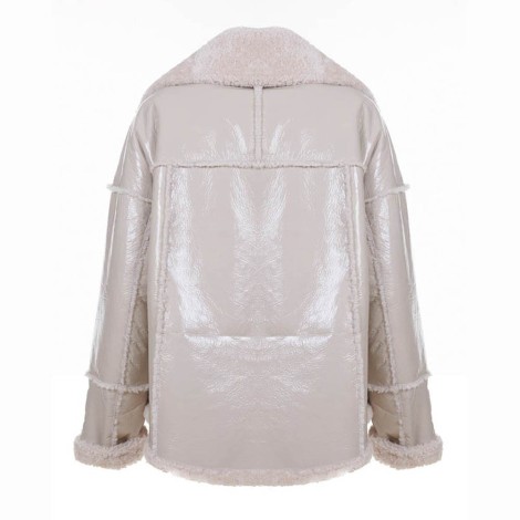 Shearling Biker Jacket, With Shiny Nappa And Curly Wool