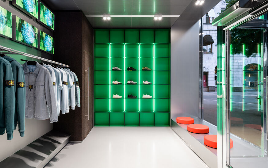 Stone Island store windows on Norrmalmstorg Square in Stockholm