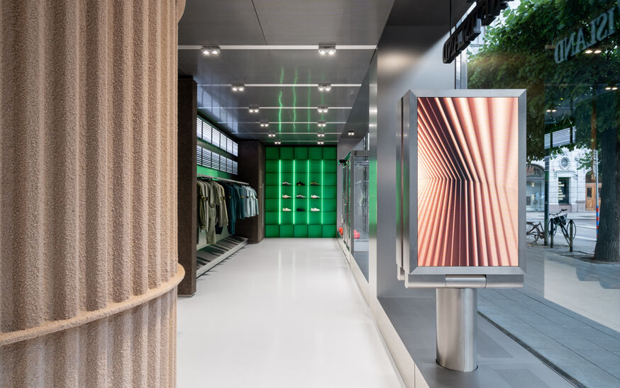 The rotating Chandelier module inside the new Stone Island concept store