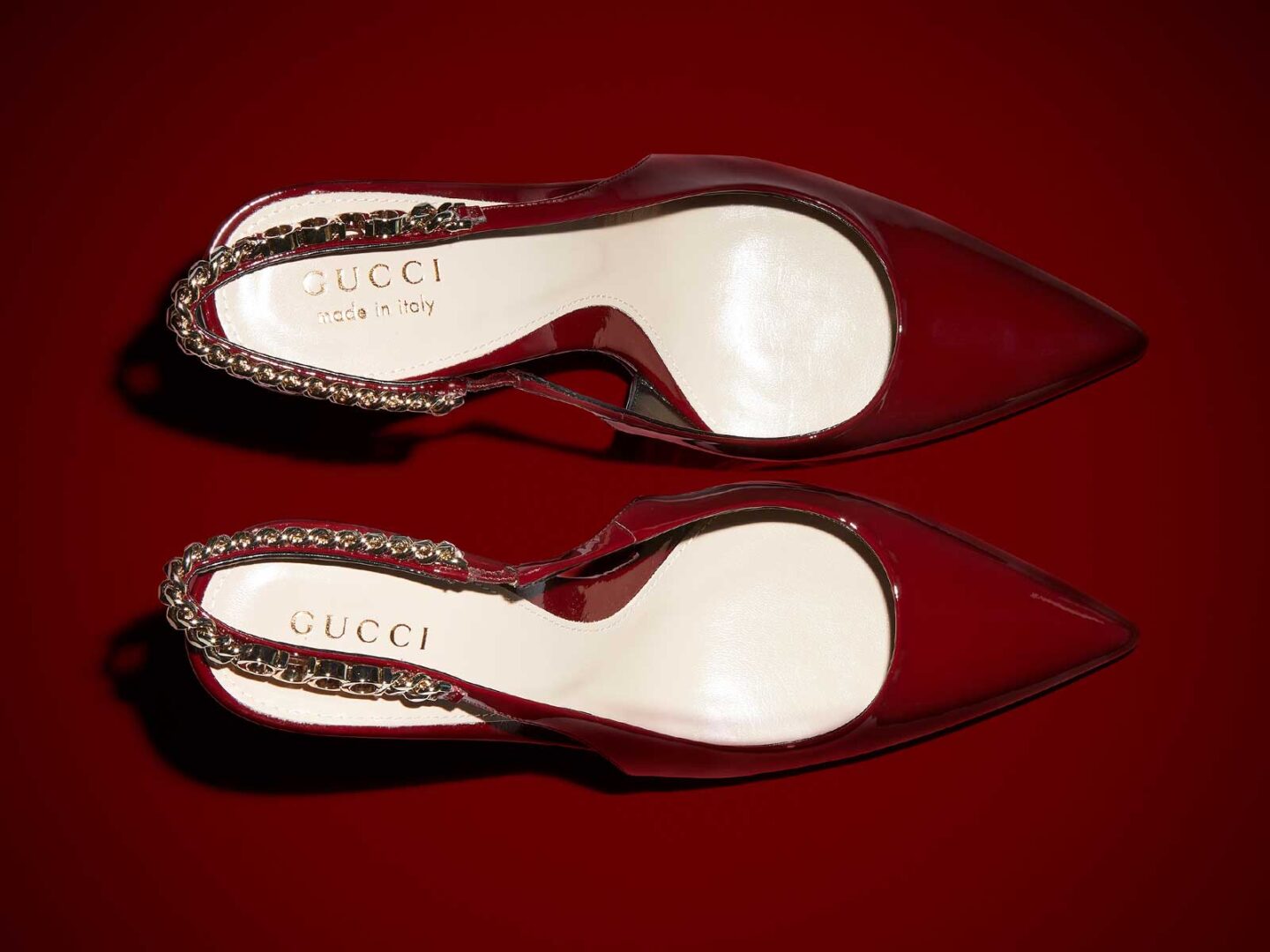 Gucci Signoria slingbacks in Rosso Ancora red, a symbol against femicide