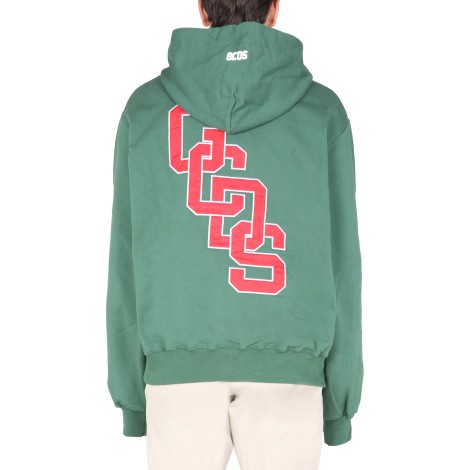 GCDS green hoodie with front pocket and embroidered college logo