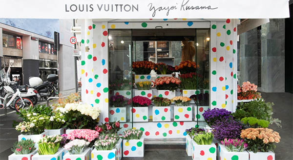 Louis Vuitton x Yayoi Kusama polka-dot installation in a Milan square near the boutique