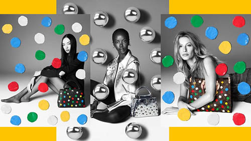Louis Vuitton x Yayoi Kusama campaign with supermodels in a playful explosion of colored dots