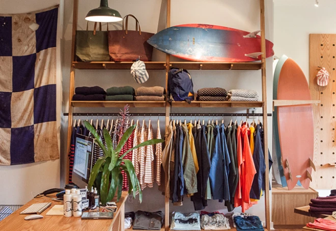 Pilgrim Surf + Supply shop interior with surfboards on display