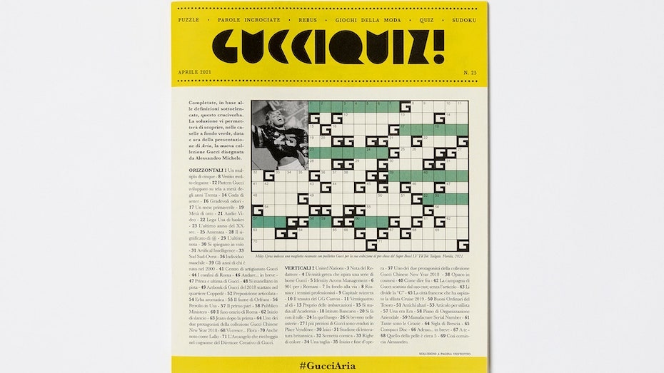 Giornale-invito con quiz creato da Gucci per la collezione Aria