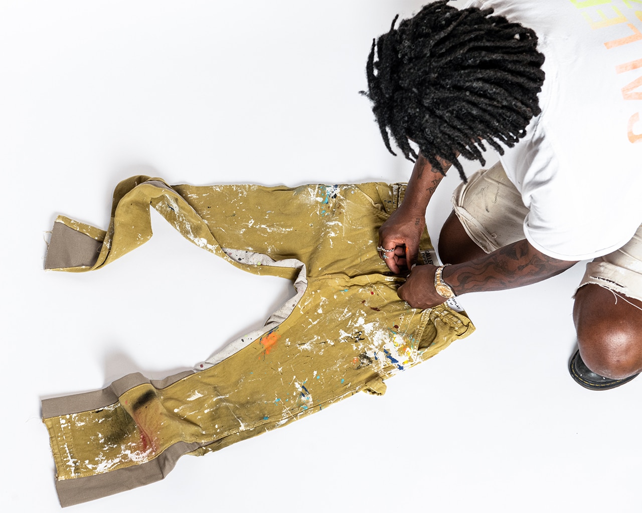 Vintage garments reworked by Gallery Department with flared hems and aged denim
