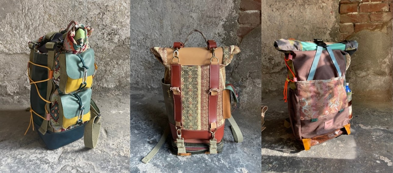 Agua backpacks made with fabrics from Shanghai, Morocco and Vietnam