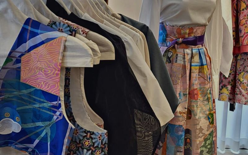 Garments made with Korean fabrics in the retrospective exhibition