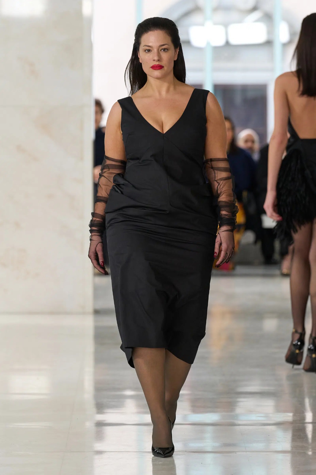 Feben runway look with long tulle gloves worn by Ashley Graham