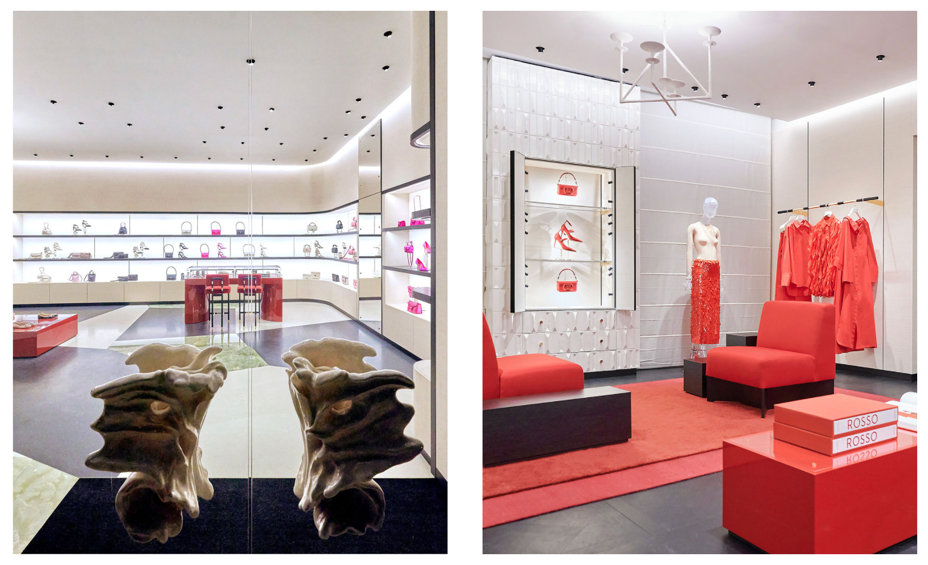 Interni rosso laccato del nuovo store Valentino in Avenue Montaigne