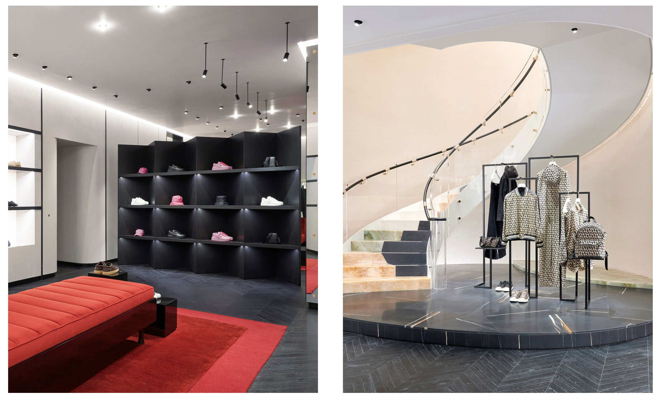 Spectacular staircase with marble patchwork inside the Valentino Paris store