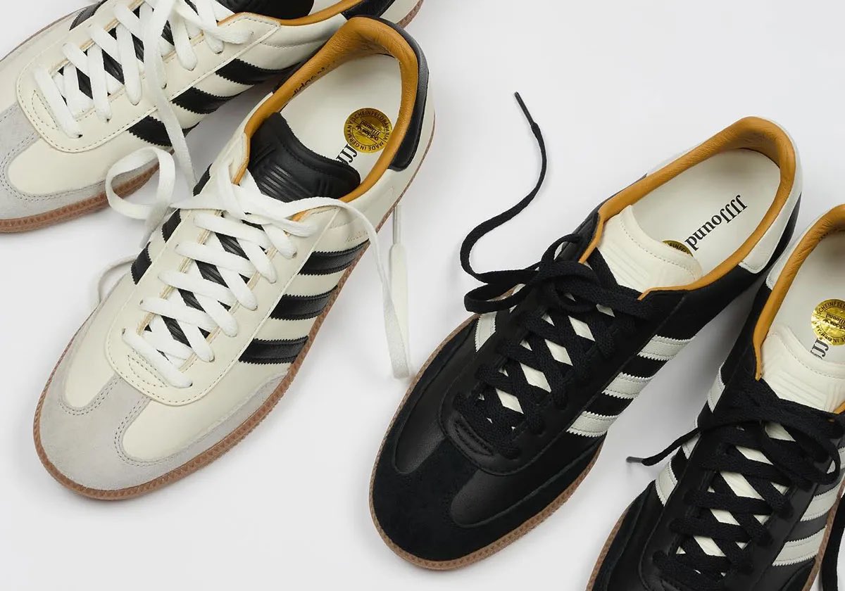 White and black JJJJound Adidas Samba with gold approval stamp on the side