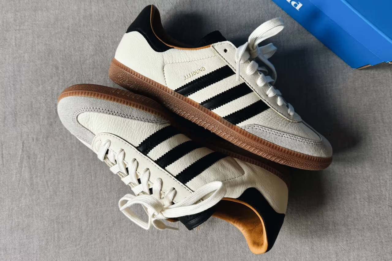 New JJJJound Adidas Samba sneakers in the classic white and black colorway