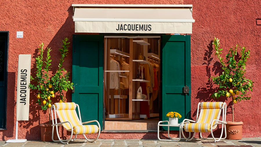 Jacquemus pop-up window on the cobbled quay of Portofino