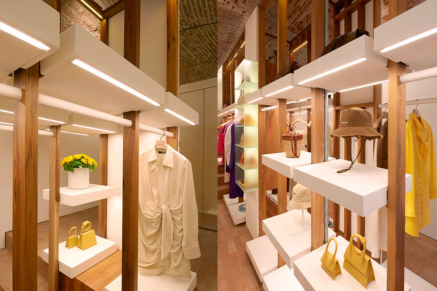 Rustic light wood interiors of the Jacquemus pop-up in Portofino