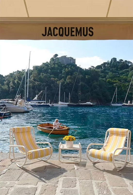 Jacquemus accessories and garden chairs inside the summer pop-up