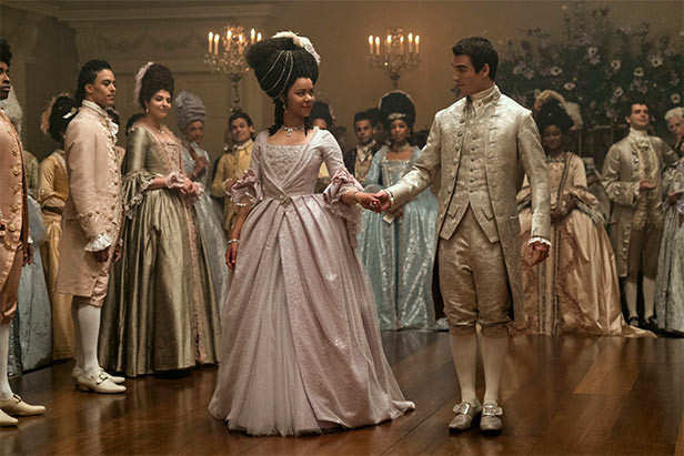 Queen Charlotte from Bridgerton wearing a regal period gown