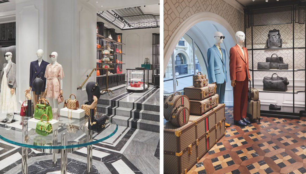 Monochrome interiors of the Gucci boutique with ivory panelling and black shelves