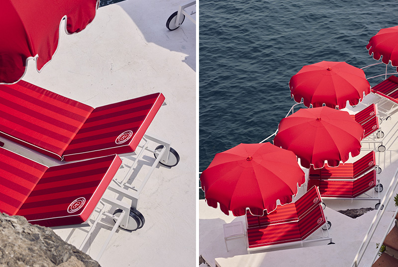 Valentino-customized deckchairs and umbrellas at the Club House by the Sea