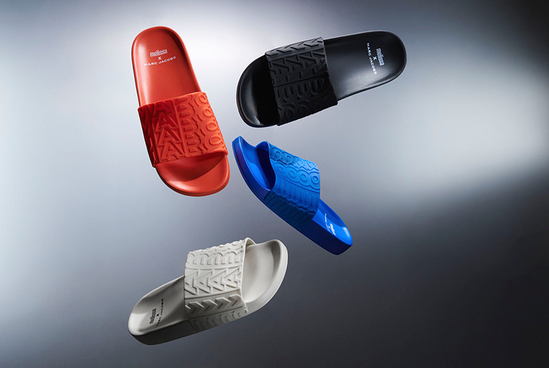 Melissa x Marc Jacobs capsule footwear in black, white, blue and red