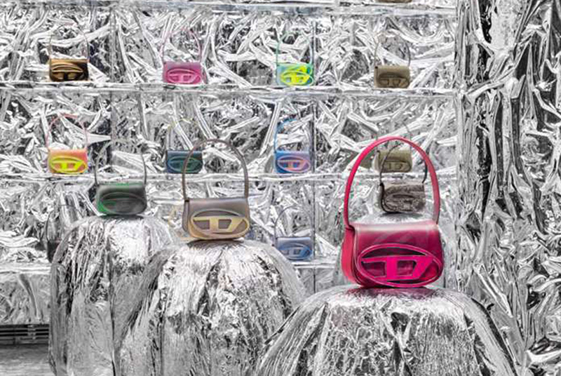Diesel San Babila store interior lined with crinkled 3D-effect metallic fabric