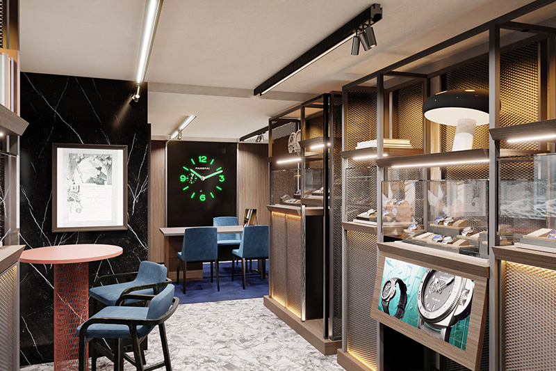 Blue interiors of the new Panerai boutique on Via Camerelle in Capri