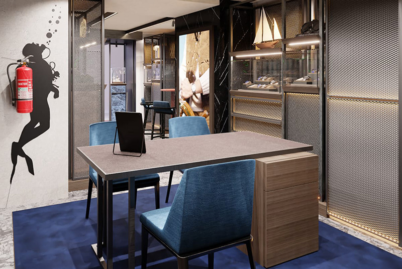 Panerai Capri boutique lounge featuring the Flos Snoopy lamp