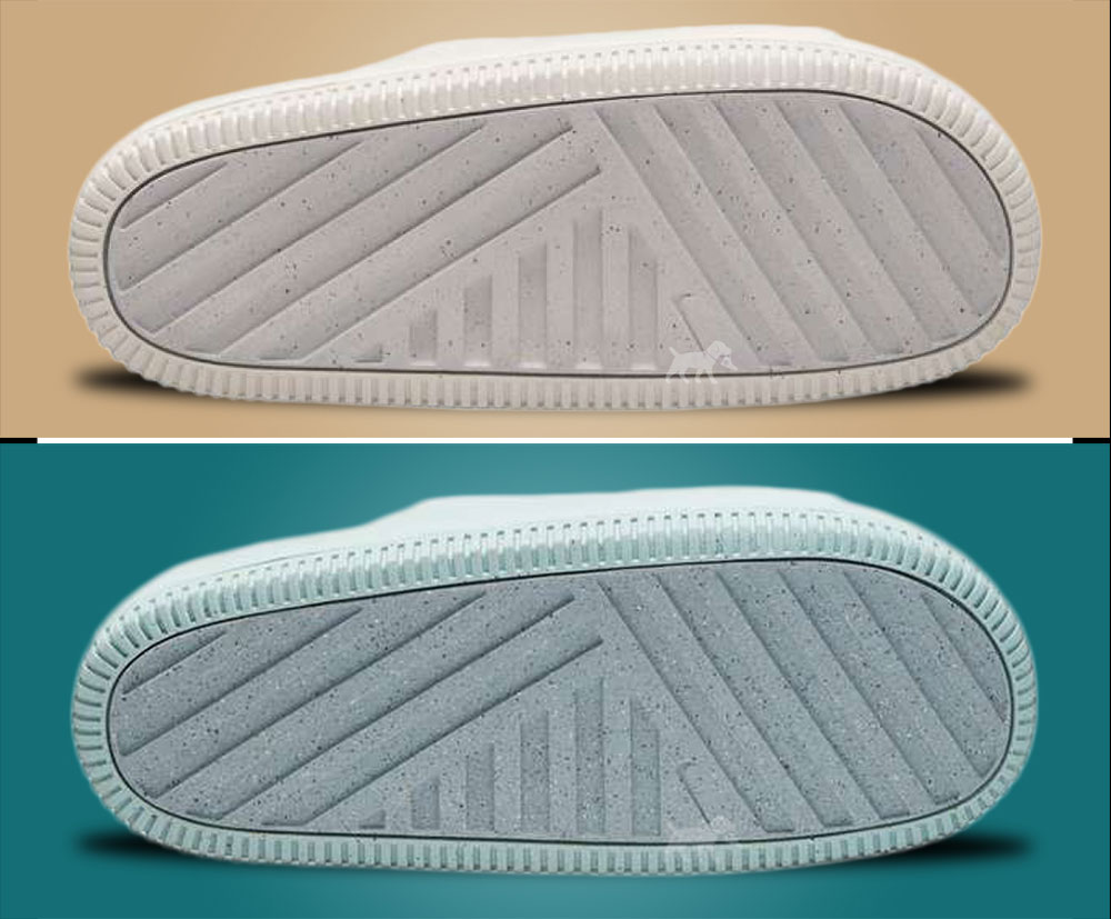 Dettaglio della suola e dello swoosh laterale delle Nike Calm Slide