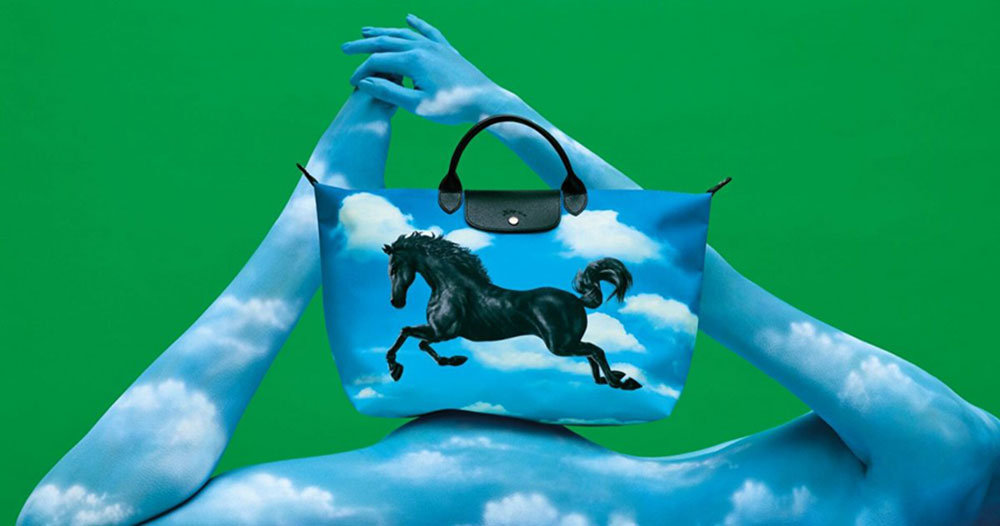Longchamp x Toiletpaper Le Pliage bag with surrealist print