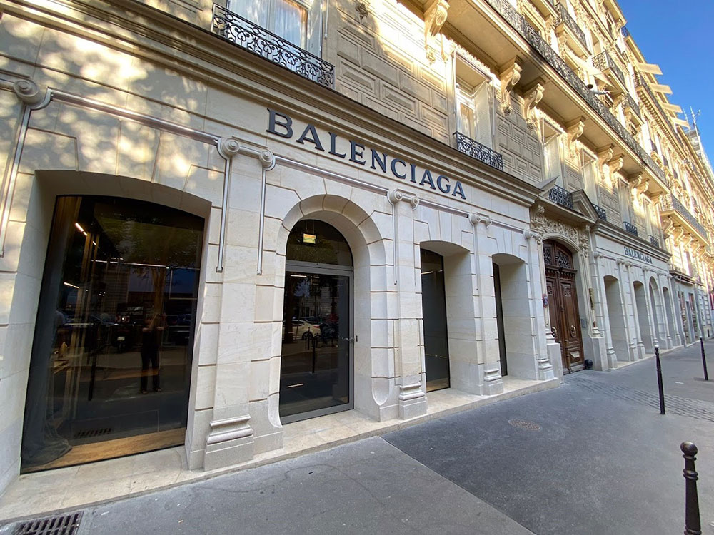 Facade of Balenciaga's historic Avenue George V headquarters in Paris