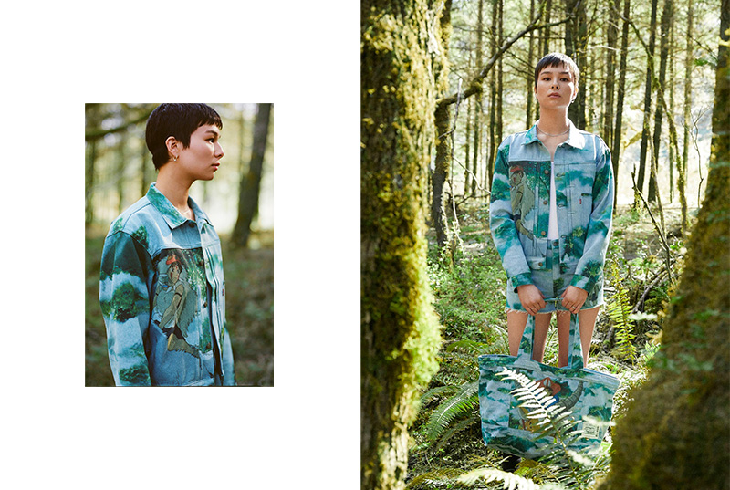 Denim printed with hand-painted forests inspired by Princess Mononoke