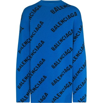 BALENCIAGA Maglione in lana blu con logo Balenciaga intarsiato nero