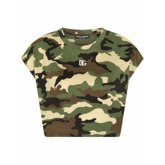 DOLCE & GABBANA T-shirt cropped in cotone verde militare con stampa camouflage